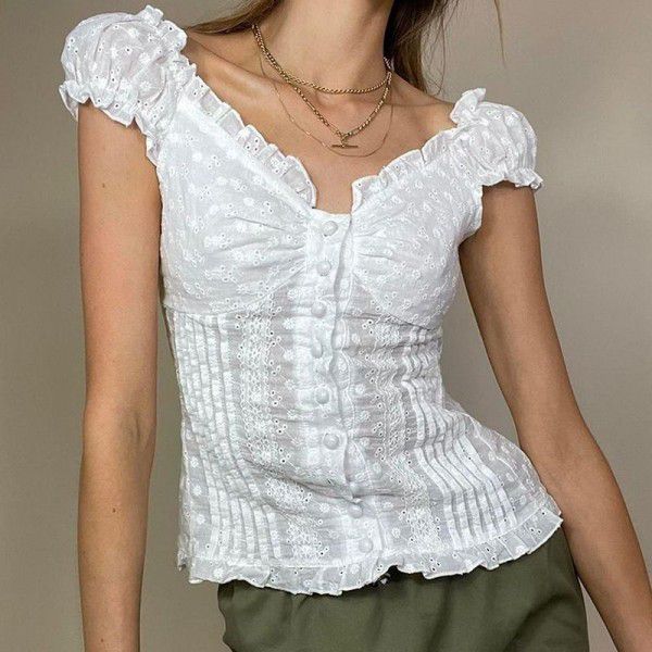 Pure Sexy Lace Panel Pleated Slim Fit Button V-neck Short Sleeve T-shirt Top Women's Spring New Trend