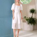 French Short Sleeve Dress Summer New Square Neck Lantern Sleeves Elegant High Waist A-line Dress