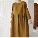 Loose oversized dress for women, Japanese Korean version cotton linen style round neck pullover, solid color over knee length skirt, large swing skirt