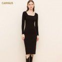 New Square Neck Cotton Medium Length Dress Women Solid Long Sleeve Slim Fit Split Mid Waist Pencil Dress Women 