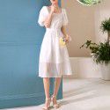 French Short Sleeve Dress Summer New Square Neck Lantern Sleeves Elegant High Waist A-line Dress