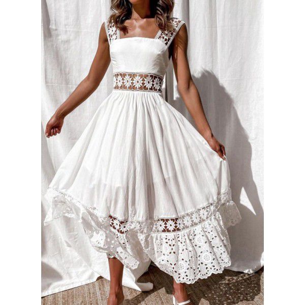 New European and American Fashion Lace Sleeveless Panel Large Swing Long Dress Dress