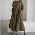 Loose oversized dress for women, Japanese Korean version cotton linen style round neck pullover, solid color over knee length skirt, large swing skirt