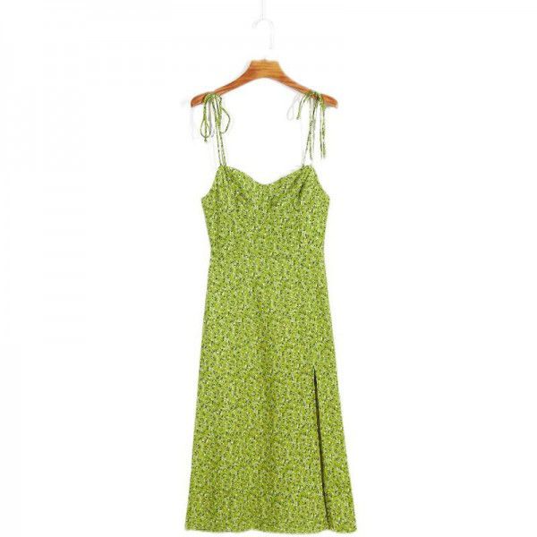 New Shoulder Lace up Slim Slim Slim Hanging Strap Avocado Green Fragmented Flower Split Dress for Women