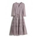 Elegant smoked purple/mulberry silk inside and outside/pleated lace up/smooth crepe dress