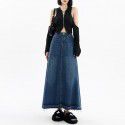 Denim Skirt Women's New Autumn Mid length Korean High Waist Retro Casual Tassel A-line Trendy Long Dress