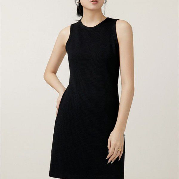 Hepburn Little Black Dress French Elegant Cloud Ladder Cotton Slim Fit Sleeveless Elastic Tank Top Dress 