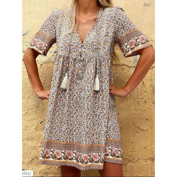 European and American New Women's Lace Decoration Hollow Short Sleeve Fashion V-Neck Positioning Print Mid length Dress Dress