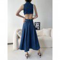 Denim Blue Hollow Open Waist Dress Women's Spring/Summer Slim Fit Side Waist High Split Style Dress