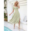 New Women's Lace Print Split Thigh A-line Short Sleeve Dress for Women