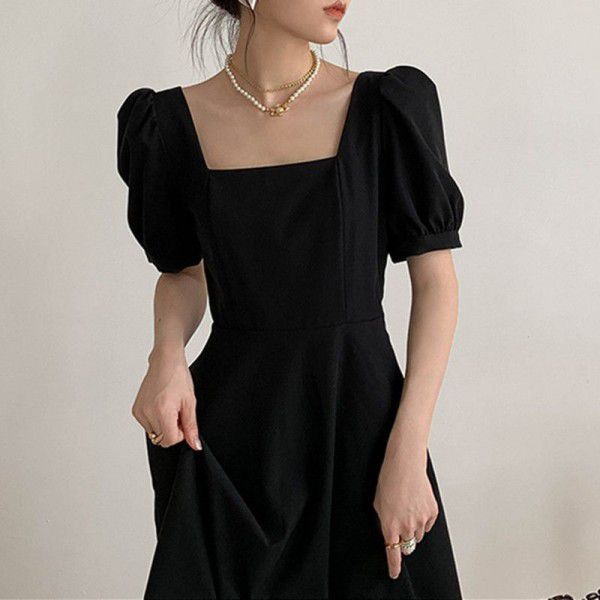 Black Dress Women's Summer New French Vintage Style Square Neck Waist Long Hepburn Style Small Black Dress