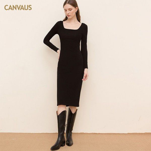 New Square Neck Cotton Medium Length Dress Women Solid Long Sleeve Slim Fit Split Mid Waist Pencil Dress Women 