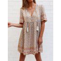 European and American New Women's Lace Decoration Hollow Short Sleeve Fashion V-Neck Positioning Print Mid length Dress Dress