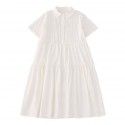 Japanese gentle temperament lapel organ pleated white loose mid length shirt skirt dress