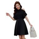 French Elegant Little Black Dress Small Sexy Ruffle Shawl Slim Fit Black Hanging Neck Dress