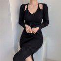 Hollow waist sexy wrap buttocks black knitted dress medium length woolen dress for women