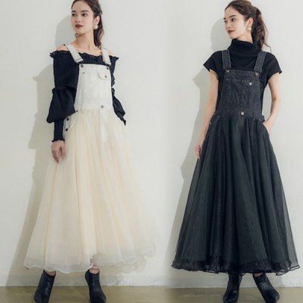 Autumn Strap Dress Japanese Spliced Mesh High Waist Dress Strap