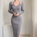 Hollow waist sexy wrap buttocks black knitted dress medium length woolen dress for women