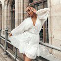 European and American high-quality women's cross-border white INS sexy V-neck perspective lace patchwork dress