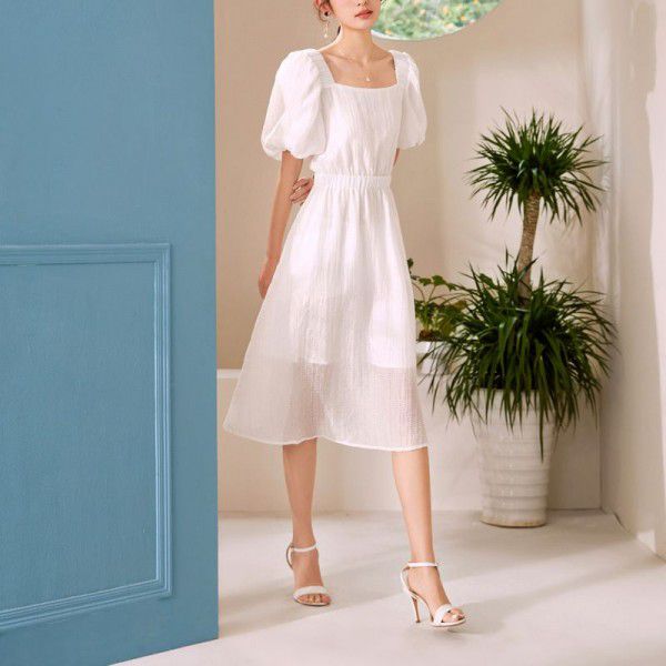 French Short Sleeve Dress Summer New Square Neck Lantern Sleeves Elegant High Waist A-line Dress