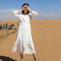 Autumn casual women's long dress pure cotton long sleeved V-neck A-line dress temperament beach