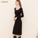 New Square Neck Cotton Medium Length Dress Women Solid Long Sleeve Slim Fit Split Mid Waist Pencil Dress Women 