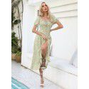 New Women's Lace Print Split Thigh A-line Short Sleeve Dress for Women