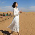 Autumn casual women's long dress pure cotton long sleeved V-neck A-line dress temperament beach