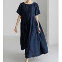 Loose oversized dress for women, Japanese Korean version cotton linen style round neck pullover, solid color over knee length skirt, large swing skirt