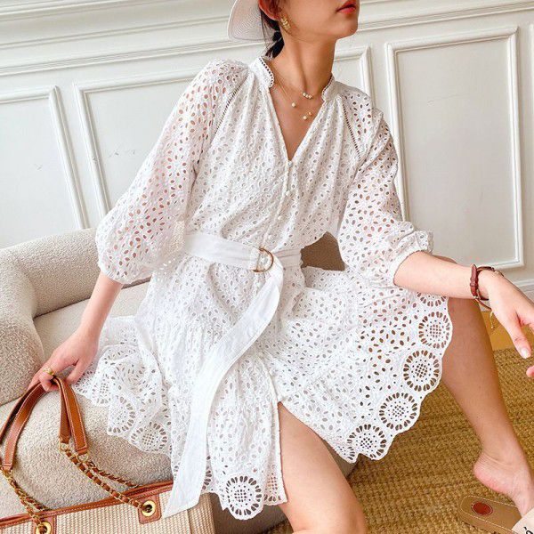 New Spring/Summer White Embroidered Dress with French Minority Design Sense for Women