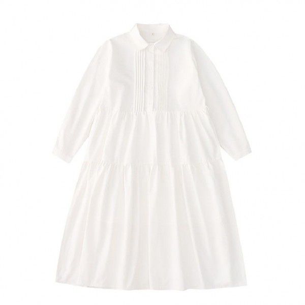 Japanese gentle temperament lapel organ pleated white loose mid length shirt skirt dress