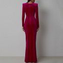 European and American women's fashion round neckline pleated Zou velvet long dress with tight fitting slit dress long style