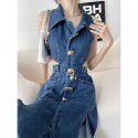 Denim Blue Hollow Open Waist Dress Women's Spring/Summer Slim Fit Side Waist High Split Style Dress