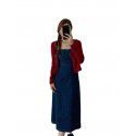 Hong Kong style retro women's autumn style square neck strap dress with a slim waistband and a long slit denim skirt