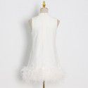 High end ostrich hair short skirt, summer niche design, half high collar sleeveless solid color straight tube dress