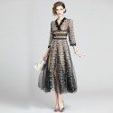 Early Autumn Women's Elegant and Elegant Style, Celebrity Shows Slim V-neck, 9/4 Sleeve Large Swing Long Dress Dress Dress