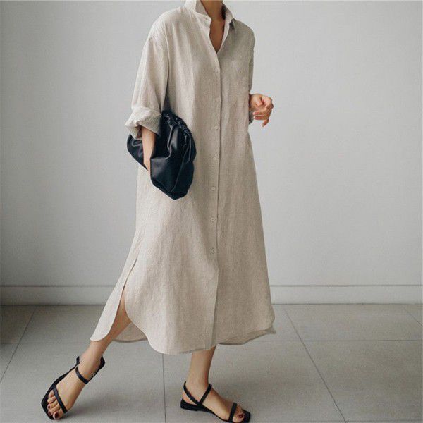 Cotton linen shirt skirt loose irregular bottom shirt sunscreen cardigan long knee length dress trendy dress cotton