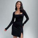 Black dress with a high-end feel, niche square neck, slit tight fitting dress for women's spring 2023 new dress