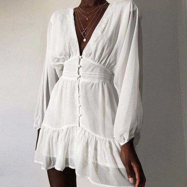 European and American high-quality women's cross-border white INS sexy V-neck perspective lace patchwork dress