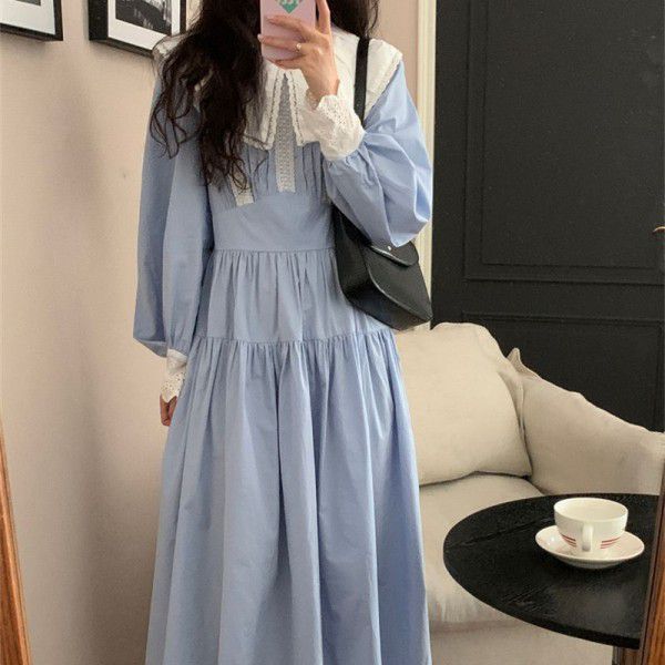 Japanese New Sweet Contrast Color Dress for Female Students Autumn Edition Korean Super Immortal Gentle Style Slim Knee Length Dress