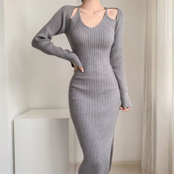 Hollow waist sexy wrap buttocks black knitted dress medium length woolen dress for women