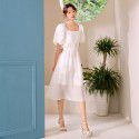 French Short Sleeve Dress Summer New Square Neck Lantern Sleeves Elegant High Waist A-line Dress