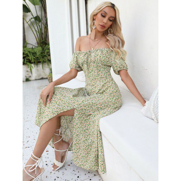 New Women's Lace Print Split Thigh A-line Short Sleeve Dress for Women