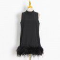 High end ostrich hair short skirt, summer niche design, half high collar sleeveless solid color straight tube dress