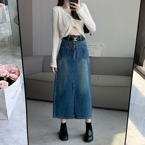 Oversized Hong Kong style retro split denim skirt for women's early spring new high waisted slim A-line mid length skirt