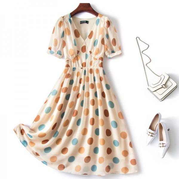 Chiffon dress, new summer women's dress with a slim waistband and polka dots