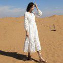 Autumn casual women's long dress pure cotton long sleeved V-neck A-line dress temperament beach