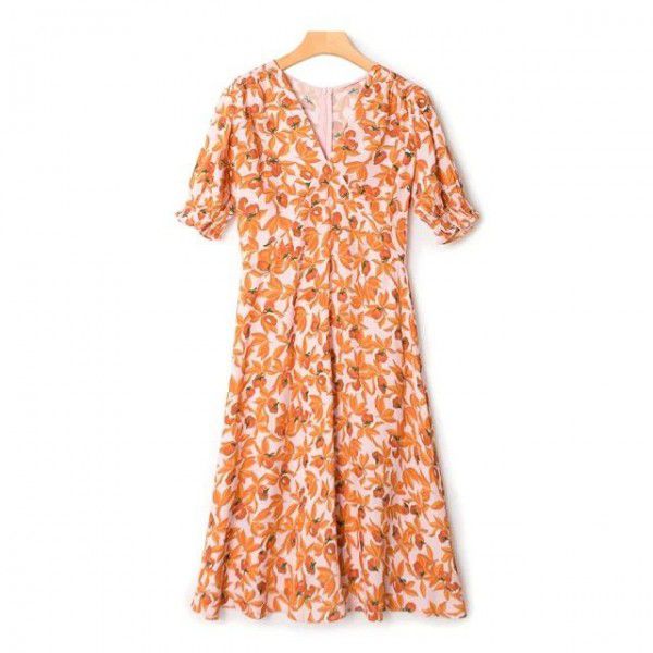 Fragmented Flower Dress Women's New Summer Slim Fit V-neck Honey Melon Orange Flower Print Dress