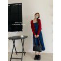 Hong Kong style retro women's autumn style square neck strap dress with a slim waistband and a long slit denim skirt