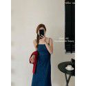 Hong Kong style retro women's autumn style square neck strap dress with a slim waistband and a long slit denim skirt